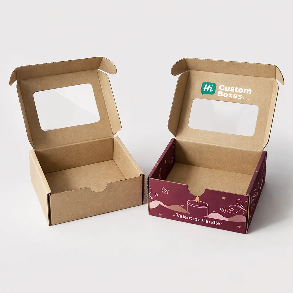 Two brown kraft mailer boxes with window cutouts, one plain and one with burgundy floral patterns.